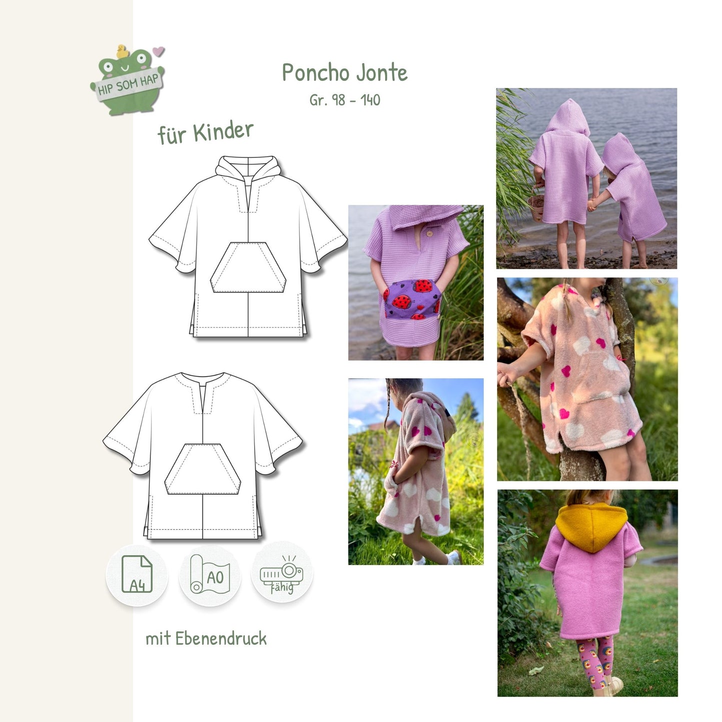 Schnittmuster Poncho Jonte von HIP SOM HAP – Kinderponcho Gr. 98–140 mit und ohne Kapuze, Bauchtasche, als Badeponcho oder Winterponcho nähbar, A4 A0 und Beamer-Datei