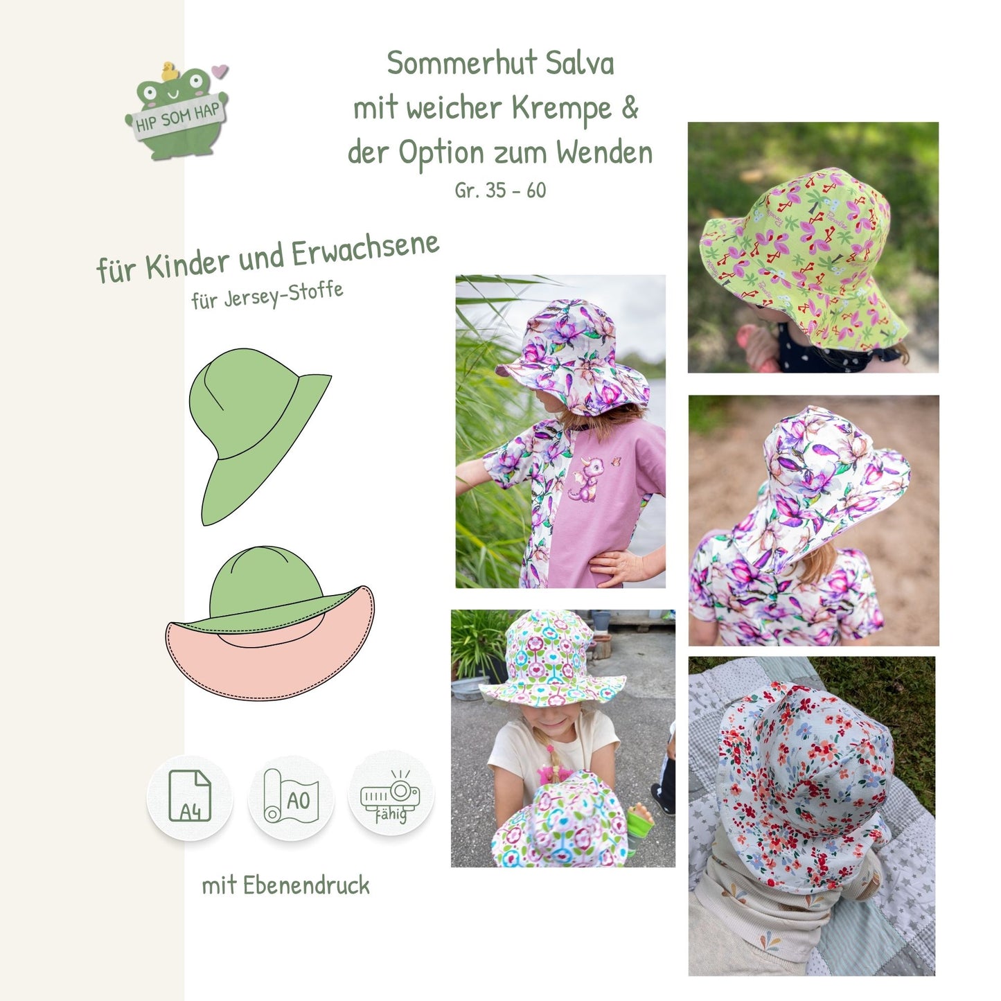 Schnittmuster Sommerhut Salva von HIP SOM HAP – Sonnenhut mit breiter Krempe und Wendeoption für Kinder und Erwachsene, Größen 35–60 cm, für Jersey-Stoffe, A4 und A0 Format